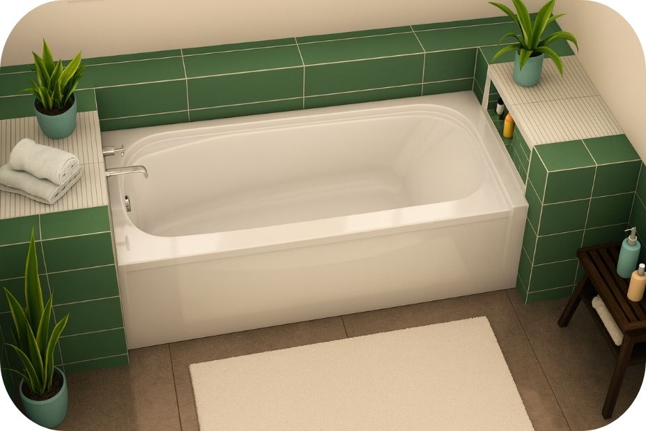 Pravougaona kada sa zelenim pločicama u malom kupatilu