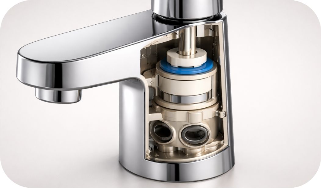 Keramički uložak u bateriji za lavabo – presek koji prikazuje unutrašnji mehanizam i kvalitet izrade