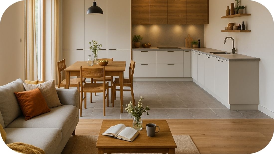 Kombinacija drvenih i cementnih podnih obloga u otvorenom prostoru