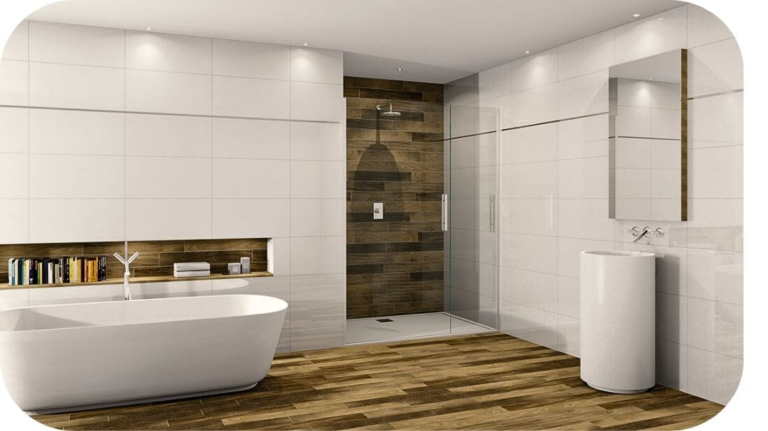 Kupatilo sa kombinacijom belih pločica i drvenog dekora