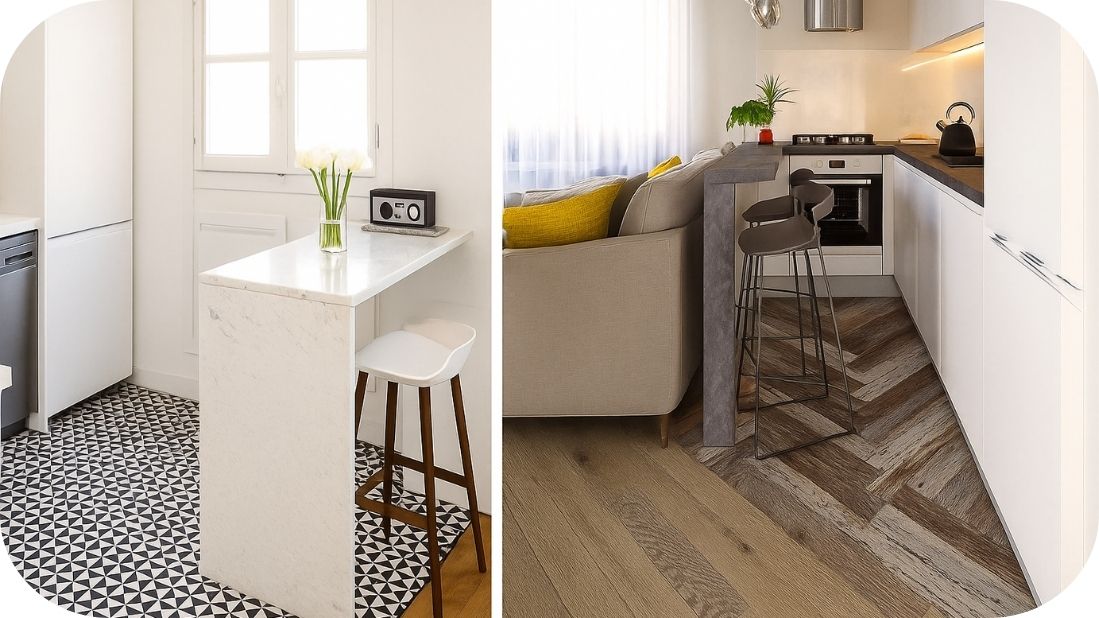 Kombinacija podnih pločica u maloj kuhinji sa belim elementima