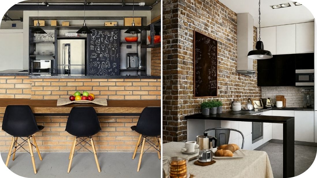Industrijski stil u kuhinji sa zidovima od cigle i modernim detaljima