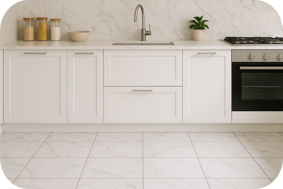 Kuhinja sa mermernim pločicama i fugama u sivom tonu