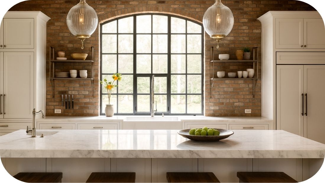 Kuhinja sa prirodnom svetlošću i zidom od cigle