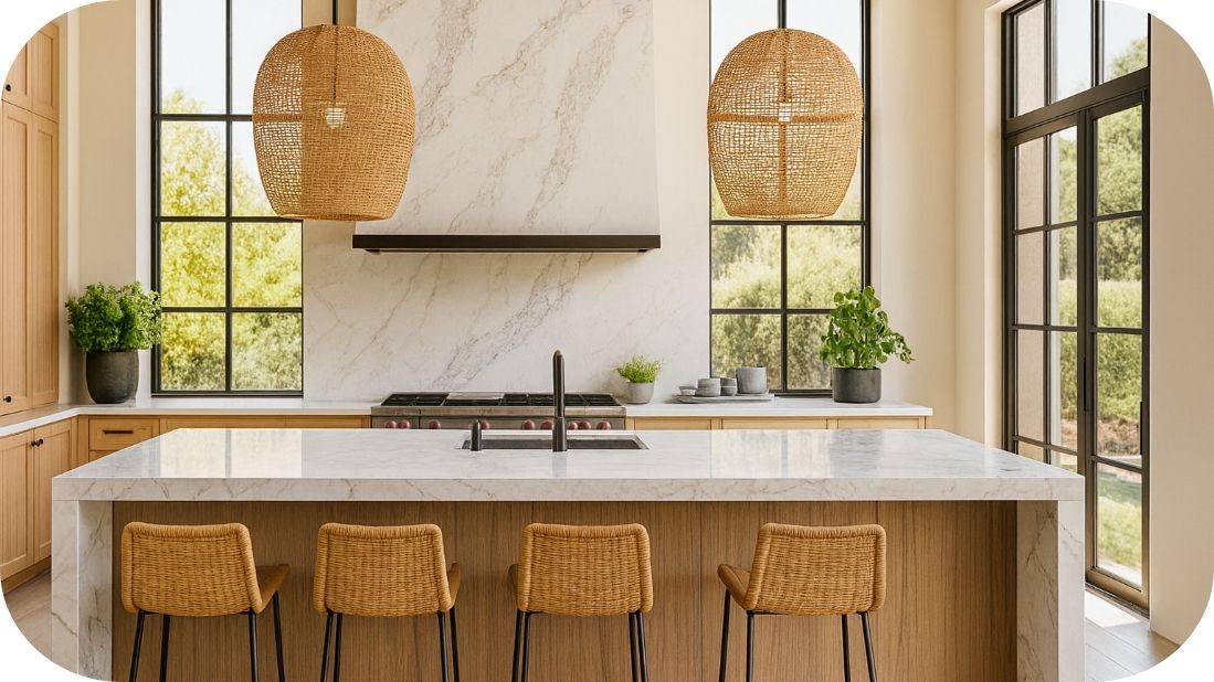 Prirodni dezeni – spoj drveta, mermera i svetlosti u modernoj kuhinji
