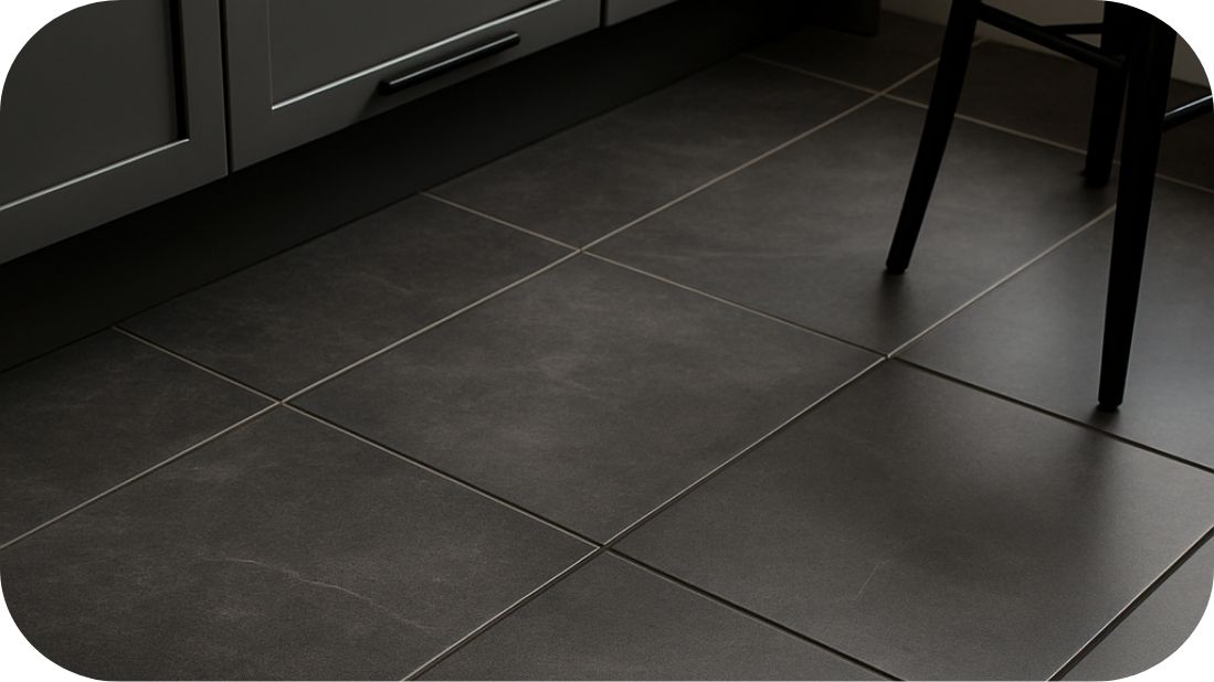 Sive podne pločice u kuhinji sa crnom fugom koja naglašava linije i geometriju