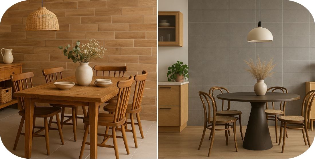 Trpezarije sa pločicama u drvenom i cementnom dezenu