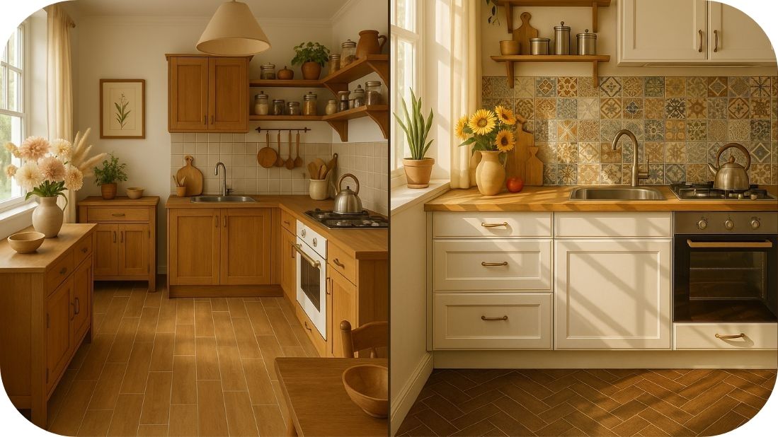 Kombinacija granitnih pločica u dezenu drveta i patchwork stila u kuhinji