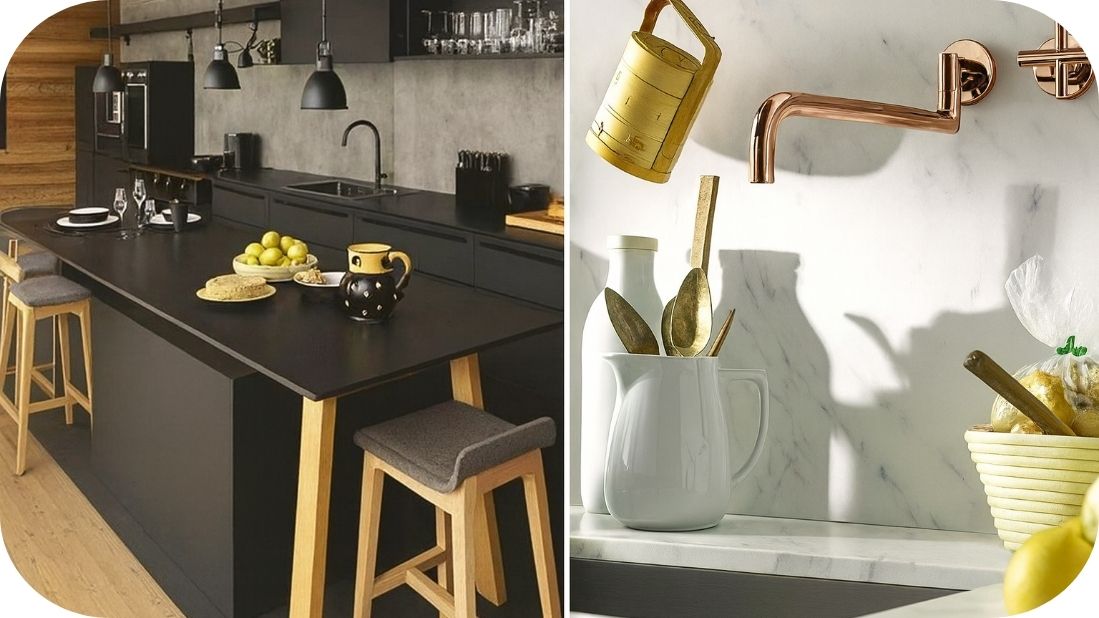 Spoj drveta, mermera i tamnih tonova u modernoj kuhinji