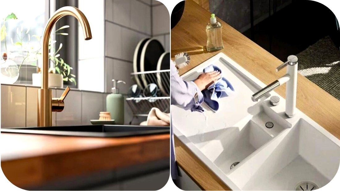 Zlatna i bela kuhinjska slavina koje prikazuju različite završne obrade