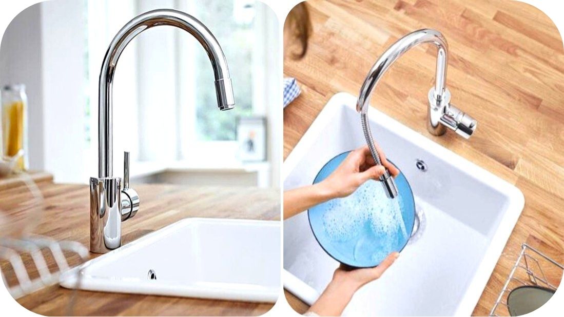 Hromirana kuhinjska slavina sa izvlačivim izlivom tokom pranja posuđa Hromirana kuhinjska slavina sa izvlačivim izlivom tokom pranja posuđa