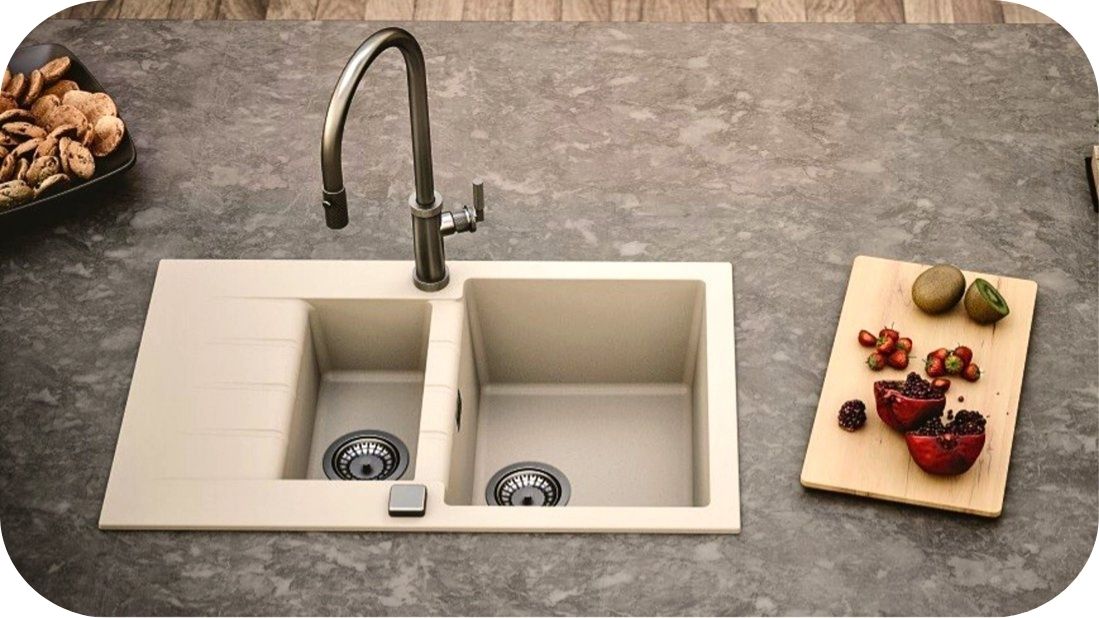 Granitna bež sudopera sa inox slavinom na sivoj radnoj ploči