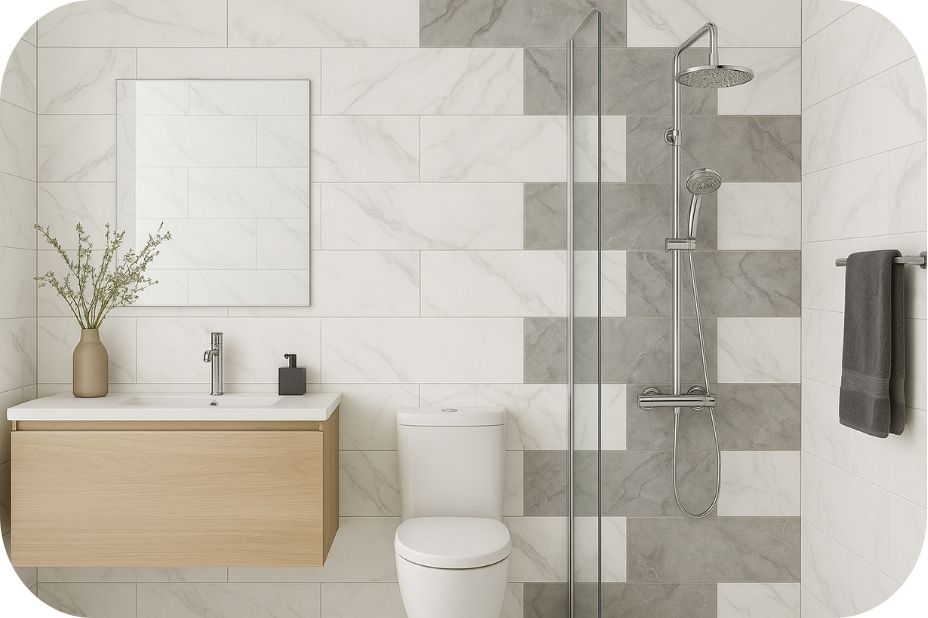 Mermerne zidne pločice – beli i sivi dezen u kupatilu