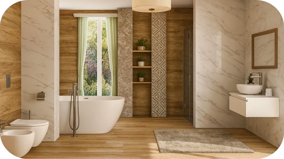 Moderan enterijer kupatila u kombinaciji drveta i mermera