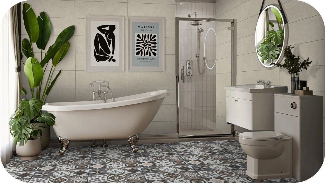 Kupatilo sa dekorativnim granitnim pločicama i retro kadom