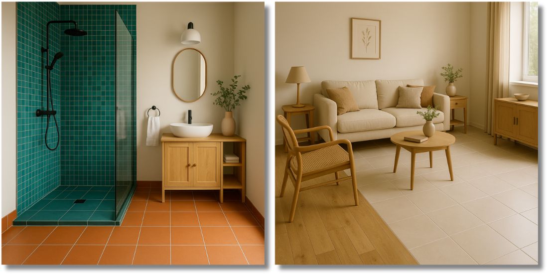 Kupatilo i dnevna soba sa podnim pločicama u toplim tonovima i kombinacijama