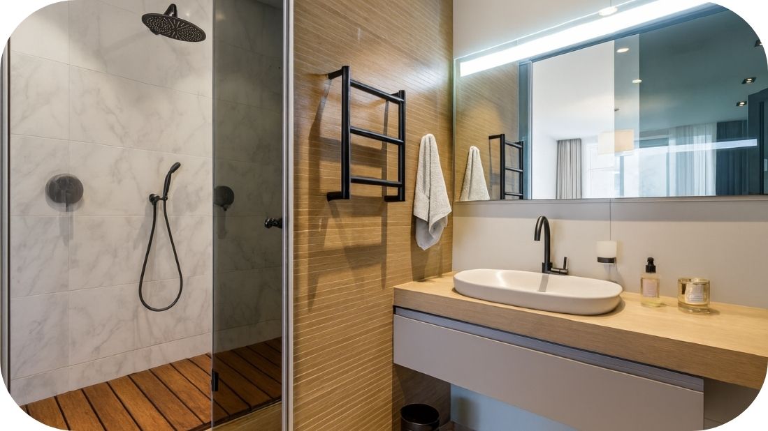 Kupatilo sa mermernim pločicama i toplim drvenim tonovima