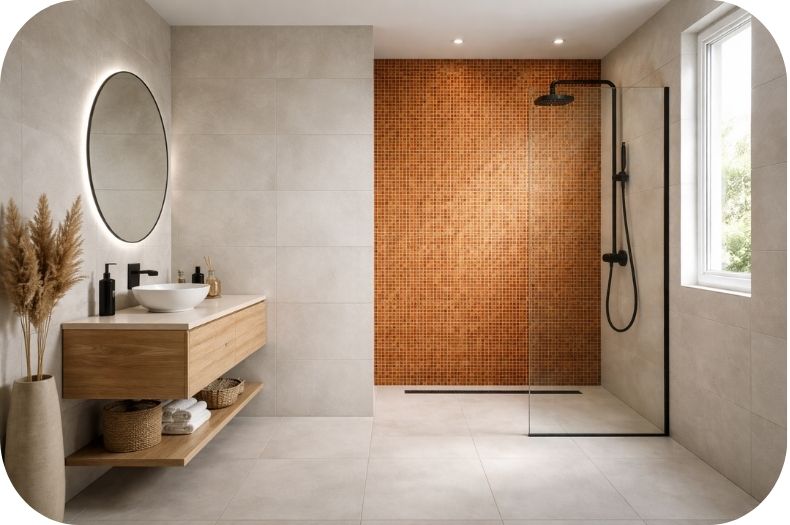 Kupatilo sa narandžastim mozaik pločicama na akcentnom zidu