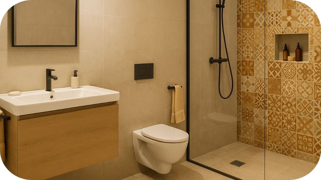 Patchwork pločice u toplim tonovima za zonu tuša