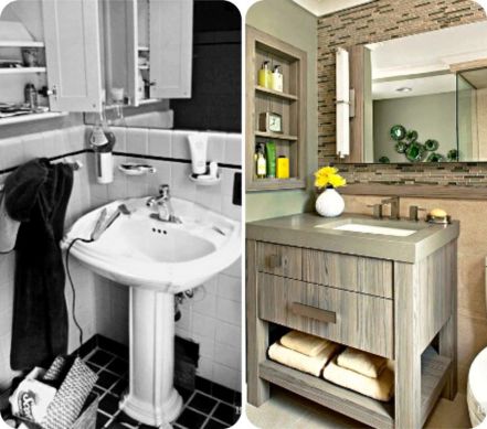 Kupatilo pre i posle renoviranja sa novim ormarićem i boljom organizacijom prostora