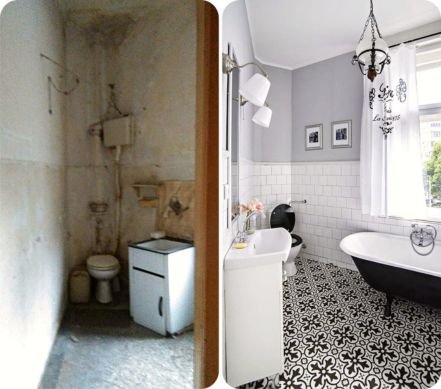 Kupatilo pre i posle sa retro kadom i dezen pločicama