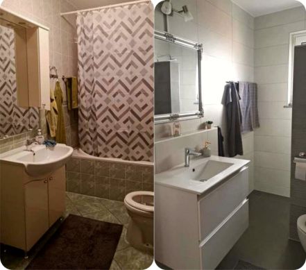 Kupatilo pre i posle renoviranja sa tuš zonom umesto kade