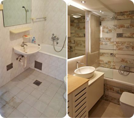 Kupatilo pre i posle renoviranja sa zadržanim rasporedom i novim pločicama