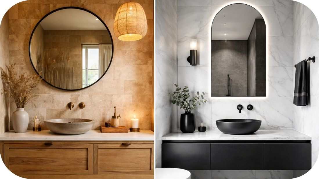 Uporedni prikaz rustičnog i modernog kupatila tokom renoviranja