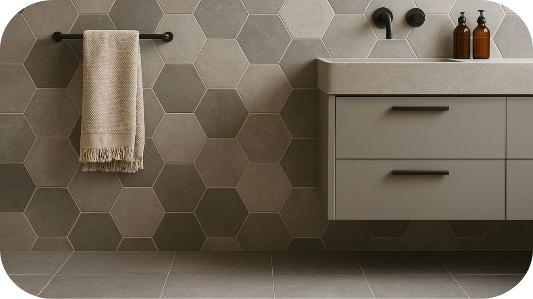Detalj modernog kupatila sa sivim heksagon zidnim i svetlosivim podnim pločicama