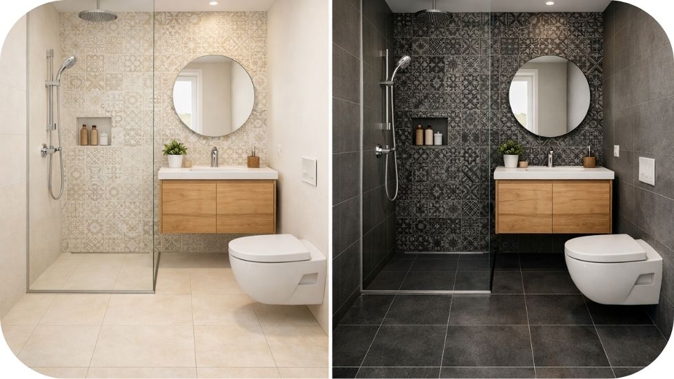 Uporedni prikaz malog kupatila sa svetlim i tamnim pločicama