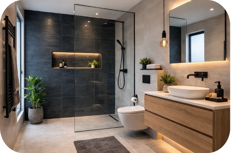 Kupatilo sa tamnim pločicama na akcentnom zidu u tuš zoni