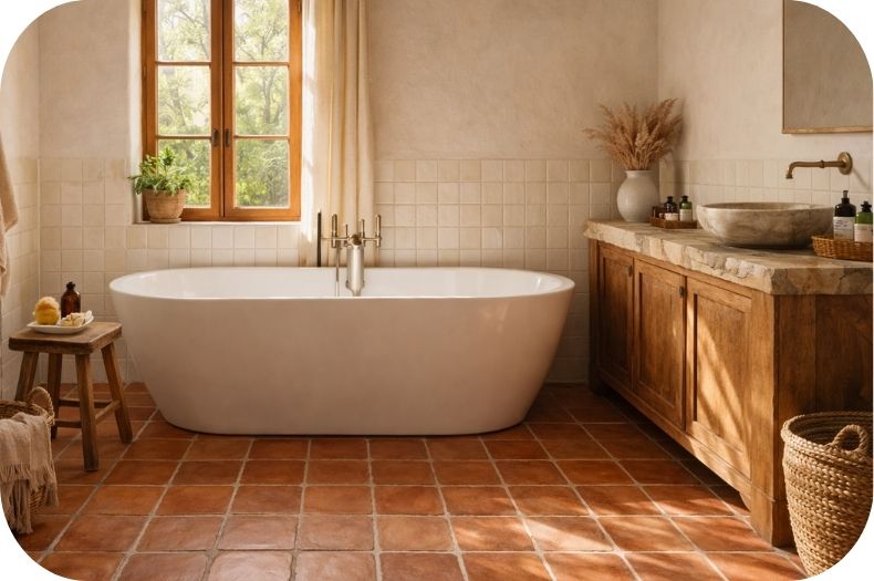 Kupatilo sa rustičnim terakota pločicama na podu i samostojećom kadom