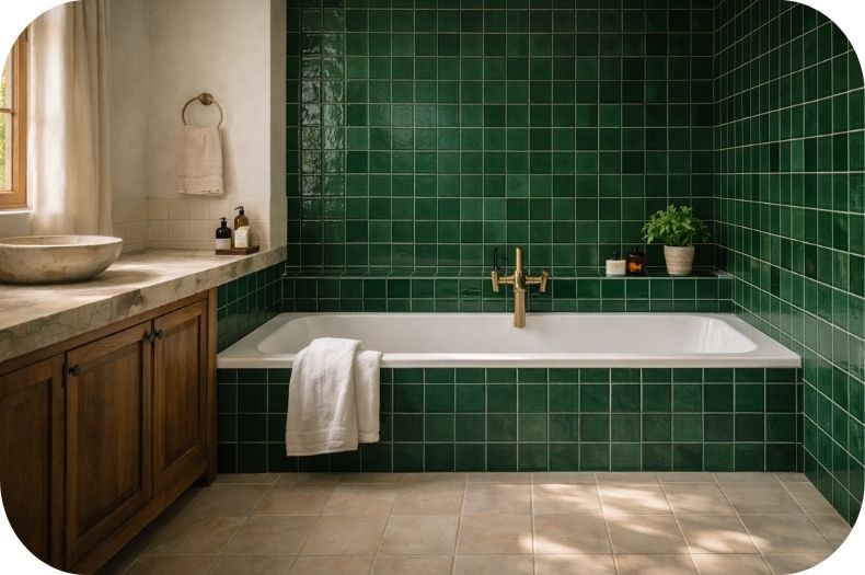 Kupatilo sa tamnozelenim zidnim pločicama i malom uzidnom kadom