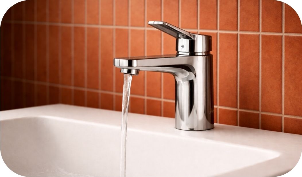 Hromirana kupatilska baterija sa preciznim mlazom vode ispred terakota keramičkih pločica