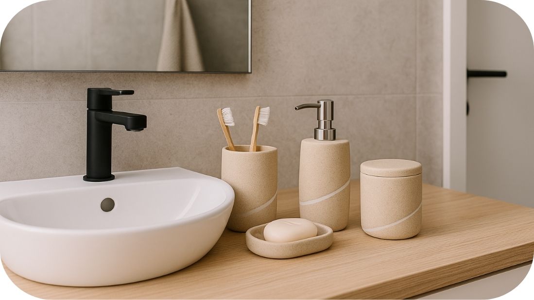 Organizovana kupatilska galanterija oko lavaboa sa dozatorom, čašom i držačem sapuna