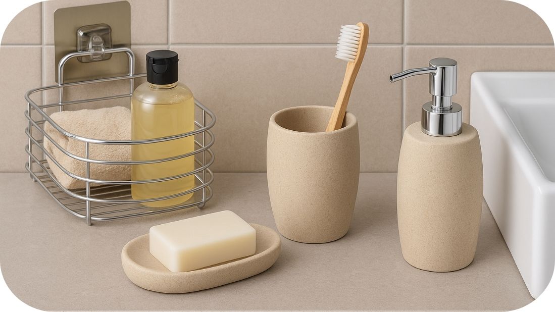 Organizovana kupatilska galanterija sa dozatorom, čašom za četkice i policom za uredan lavabo