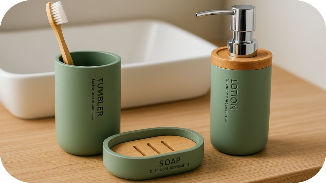 Kupatilska galanterija u savremenom stilu sa zelenim detaljima na drvenom pultu i belim lavaboom