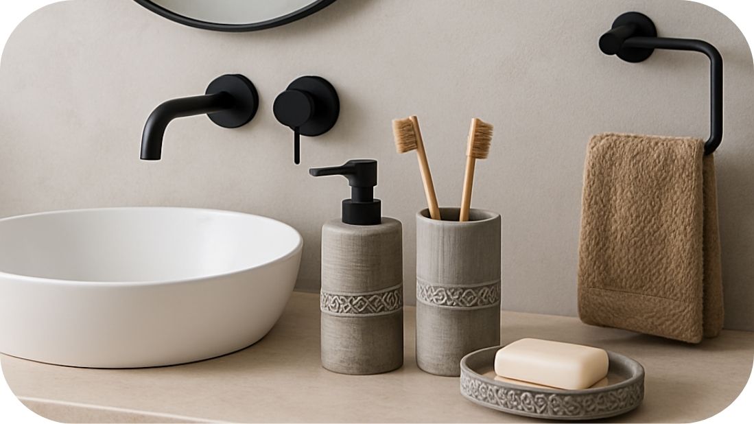 Kupatilska galanterija set na pultu sa dozatorom, čašom i držačem sapuna u stone efektu pored lavaboa