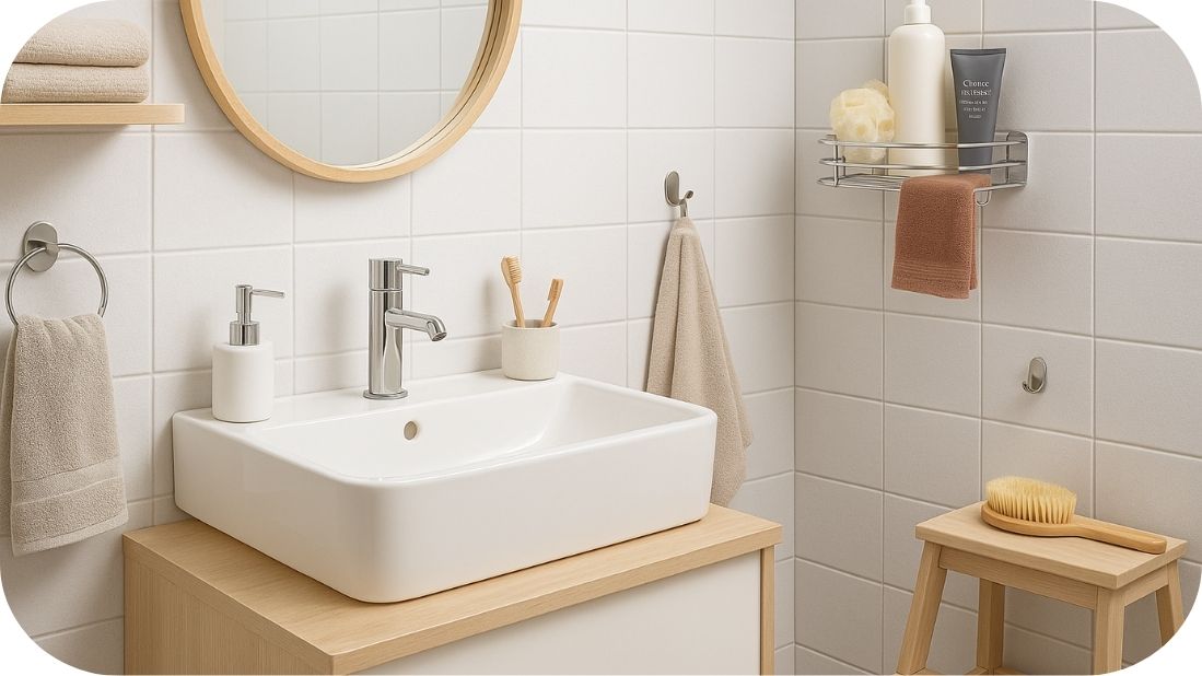 Skandinavsko kupatilo sa svetlim pločicama, drvetom i jednostavnom kupatilskom galanterijom