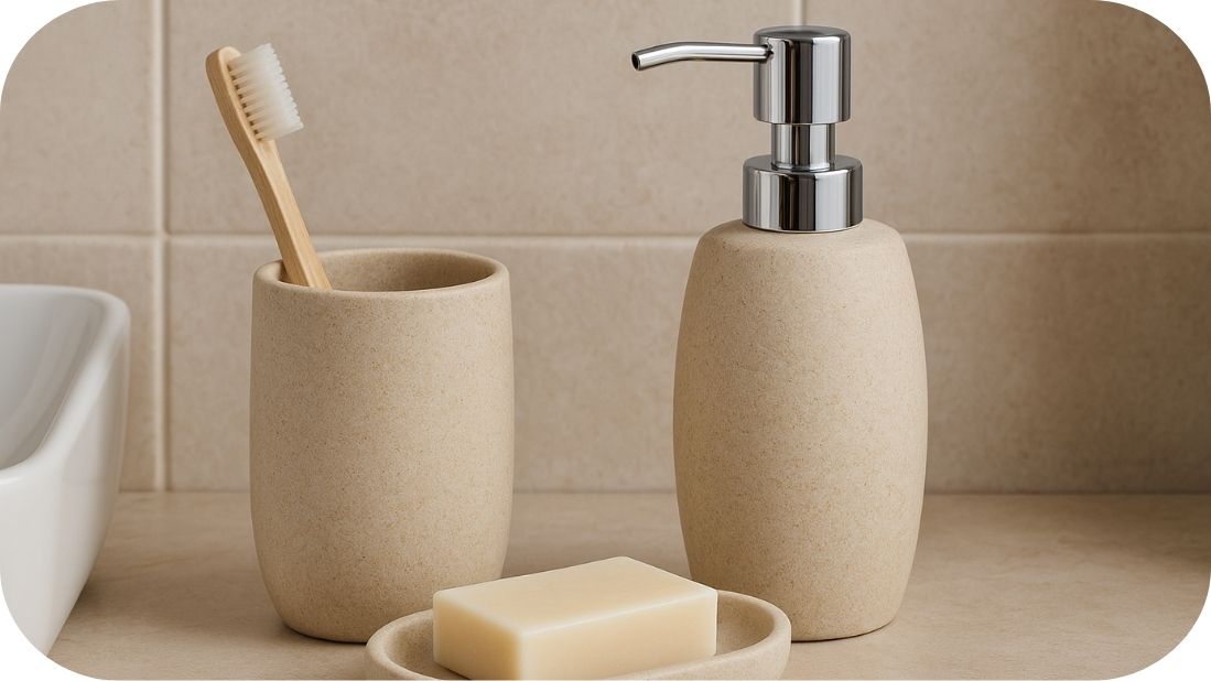 Stone effect kupatilska galanterija od polirezina na pultu u prirodnim tonovima