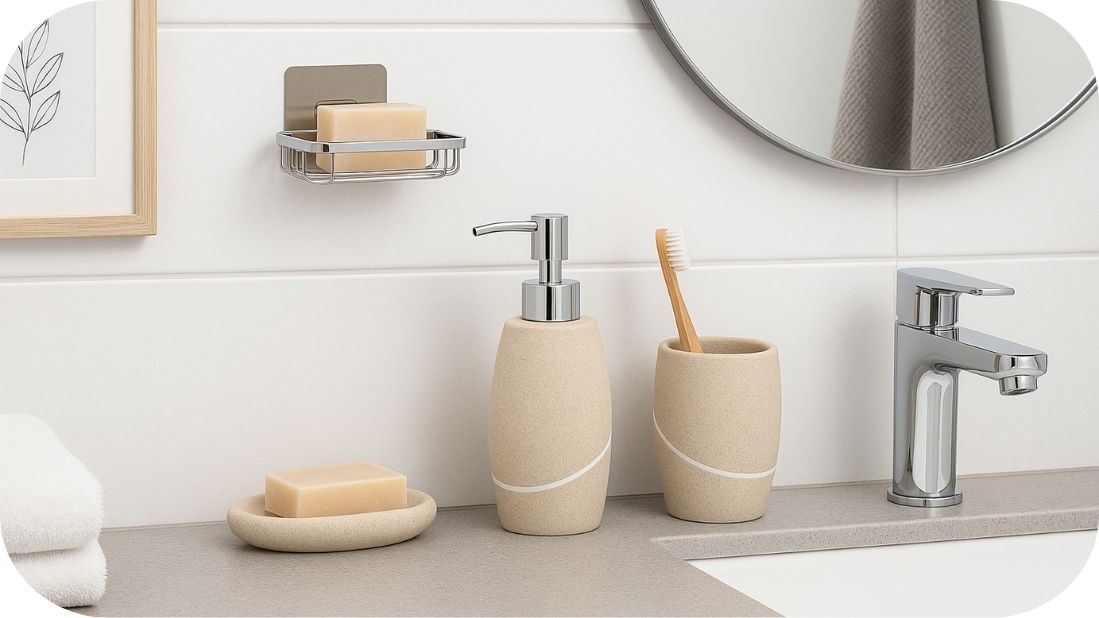 Kupatilska galanterija u stone efektu sa dozatorom, čašom i hromiranim držačem sapuna na modernoj polici