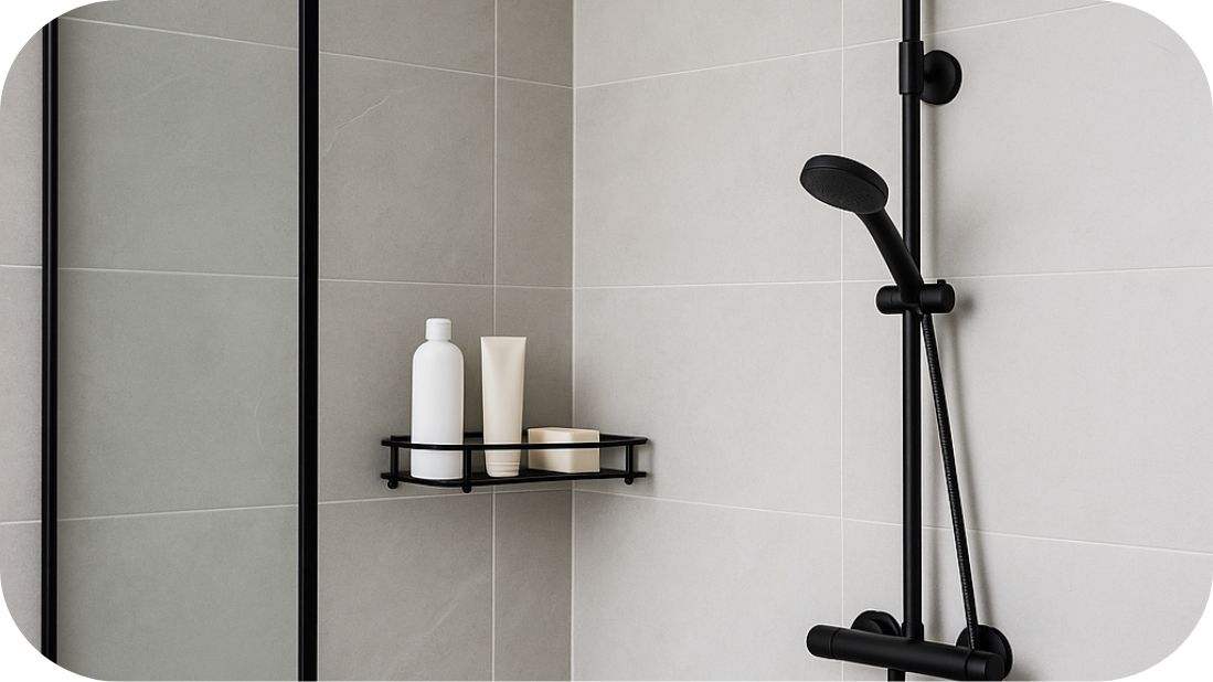 Walk-in tuš sa organizovanom žičanom policom i kupatilskom galanterijom u tuš zoni