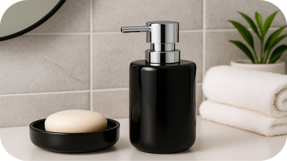 Crni set kupatilske galanterije sa dozatorom i posudom za sapun na modernom pultu