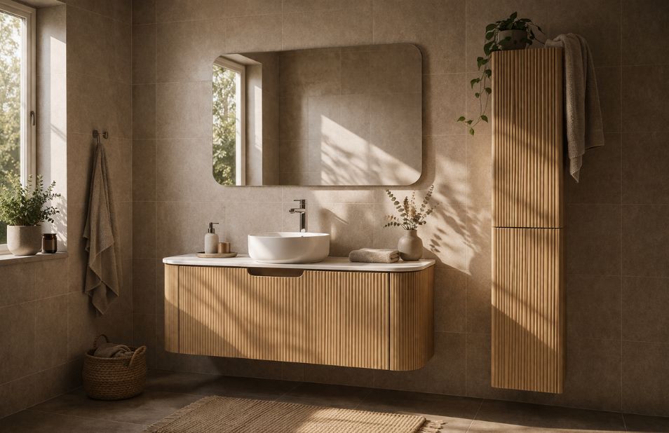 Elegant Side 35 Vertikala Relief Oak u toplom kupatilskom ambijentu sa izgledom prirodnog drveta