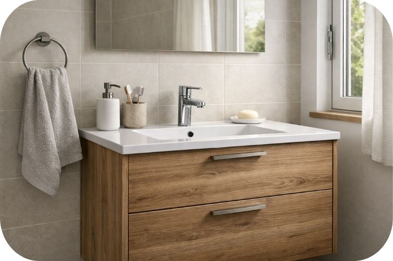 Kupatilski ormarić sa lavaboom u prostoru sa dobrom ventilacijom