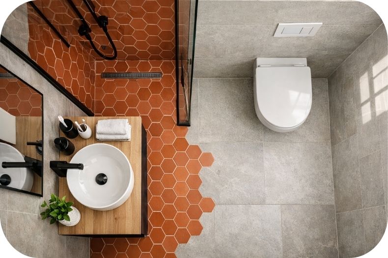 Lavabo i zidna WC šolja u modernom kupatilu sa heksagon pločicama