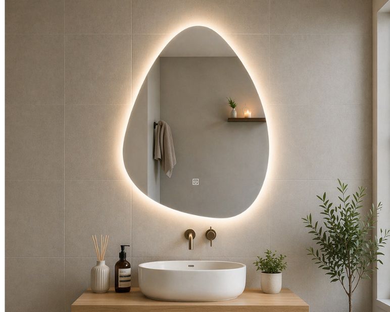 LED ogledalo 60x80cm nepravilnog oblika u kupatilu sa svetlim pločicama i drvenim ormarićem