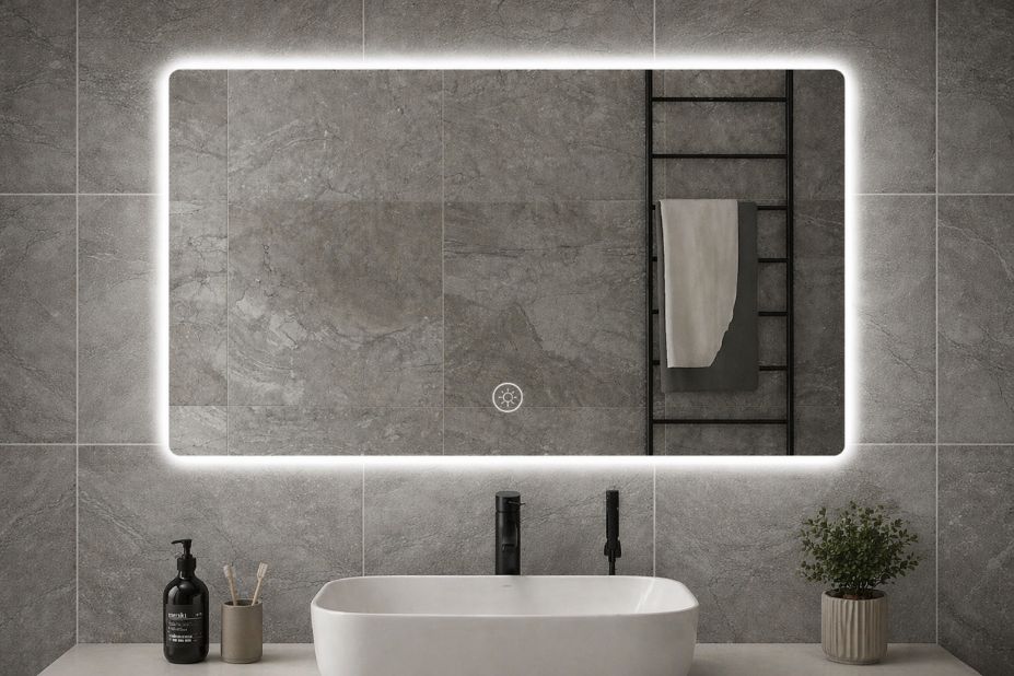 LED ogledalo 80x60cm horizontalno iznad umivaonika u kupatilu sa sivim pločicama