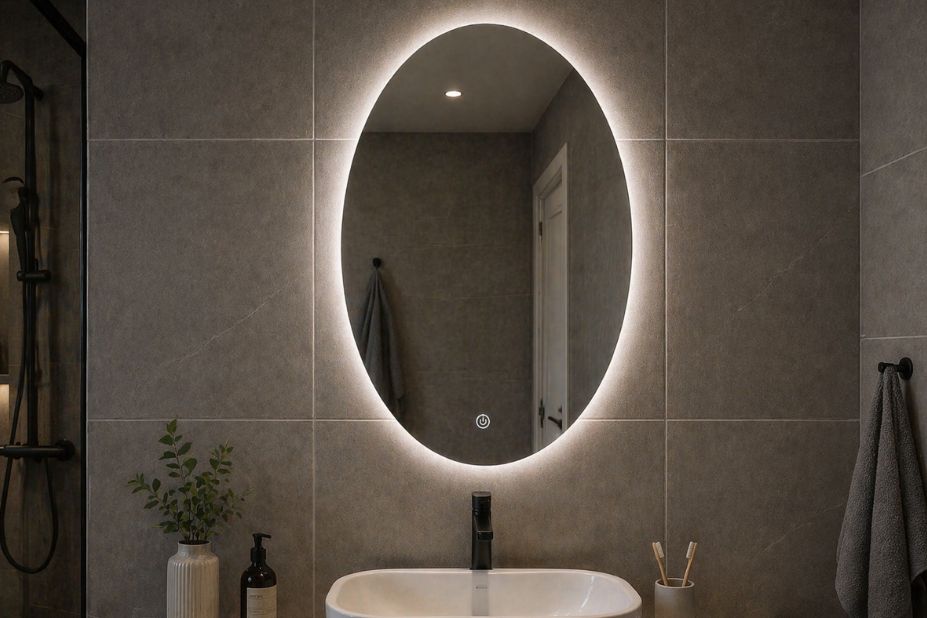 Ovalno LED ogledalo 60x80cm u kupatilu sa zidnim pločicama i umivaonikom