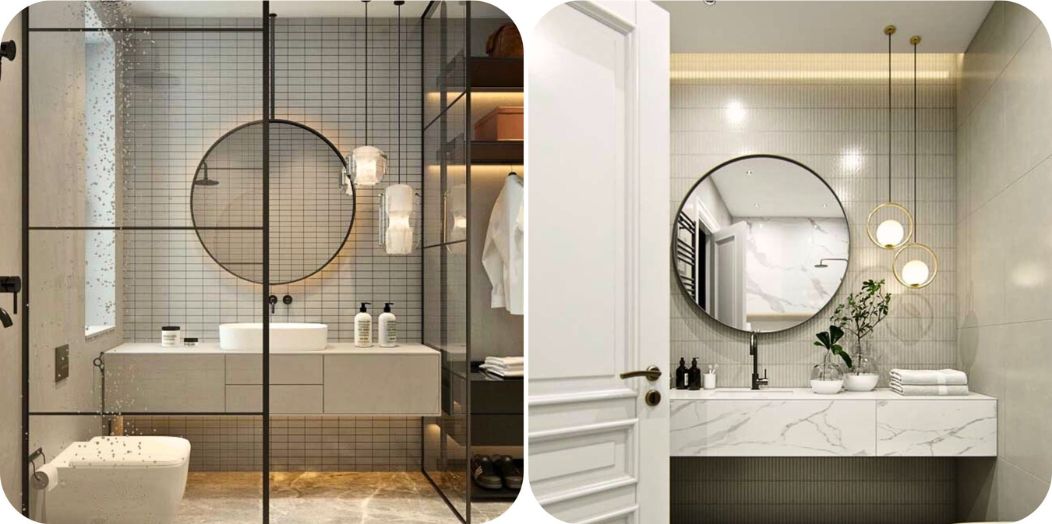 LED osvetljenje ogledala u kupatilu – primer difuznog svetla iza ogledala i bočnog osvetljenja uz umivaonik